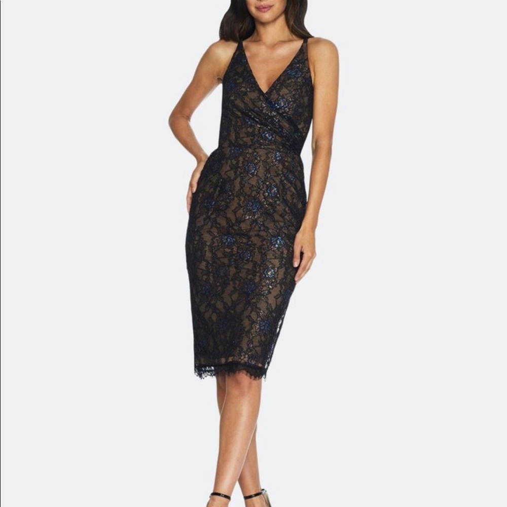 NWOT Dress the Population black lace dress, size XS